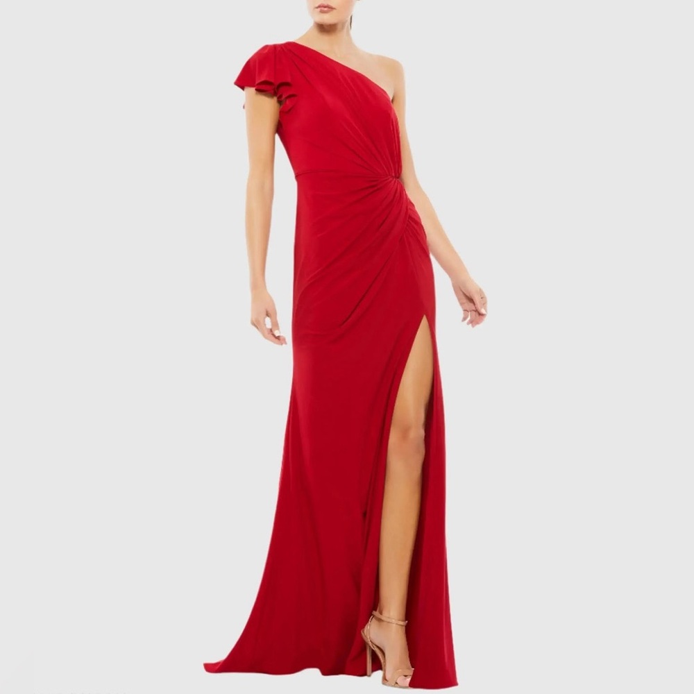NWT Mac Duggal Red Ruffled One Shoulder Draped Gown 67858 Size 8